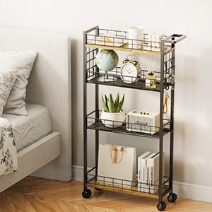 LASZOLA Slim Storage Cart Narrow Shelving Unit with Wheels, 4 Tier | Utility Cart Organizer with Handle, Skinny Rolling Trolley for Small Space Kitchen Bathroom Laundry, Black and Rustic Brown - Image 8
