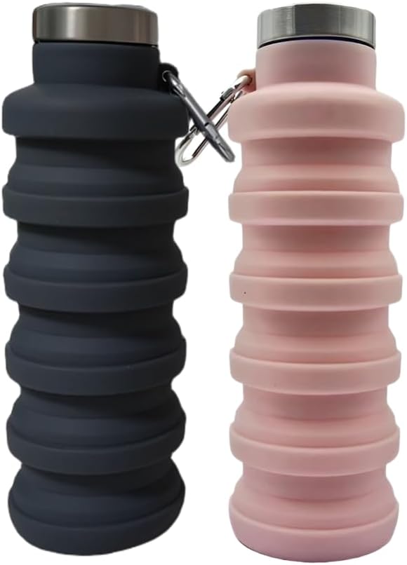 Collapsible Water Bottles 2 pack 17oz (Black+Pink) | BPA Free Travel Silicone Water Bottle with Carabiner Reusable Foldable Portable Sports Bottle for Travel Gym Camping Hiking by Ummigi