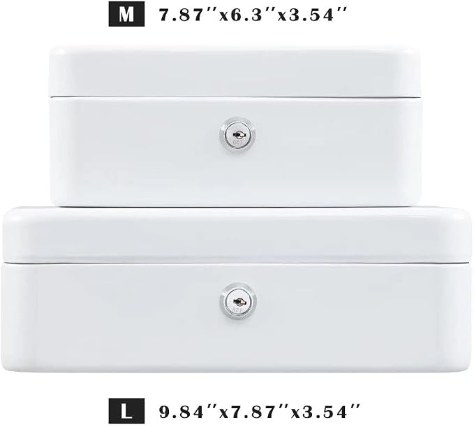 xydled Medium Cash Box with Lock, Removable Coin Tray, Steel Money Box, White - Image 8