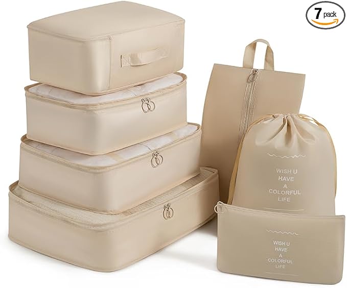 Travel Packing Cubes 7-Set, Luggage Organizer Bags for Clothes, Storage for Travel Accessories, Foldable for Cruise Carry-On Home, 3 Colors Grey/Korea Blue/Beige (Beige) by Unknown