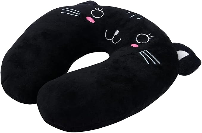 Travel Pillow for Kids, Cute Animal Neck Pillow Support U Shaped Cushion Plush Soft Rest Reading Pillows Sleeping Pillows for Airplane Train Car (Color:Black cat) - Image 5