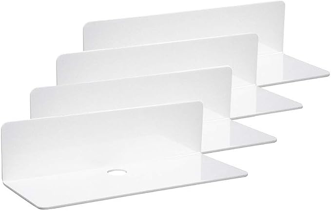 9 Inch Acrylic Floating Shelves Set of 4,Small Wall Display Shelf for Bluetooth Speakers/Security Cameras/Nintendo Switch/Action Figures,Damage-Free Wall Shelves Stick-On Shelf,White by IEEK