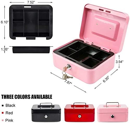 xydled Locking Steel Medium Cash Box with Removable Coin Tray and Key Lock,7.87"x 6.30"x 3.54",Pink - Image 6