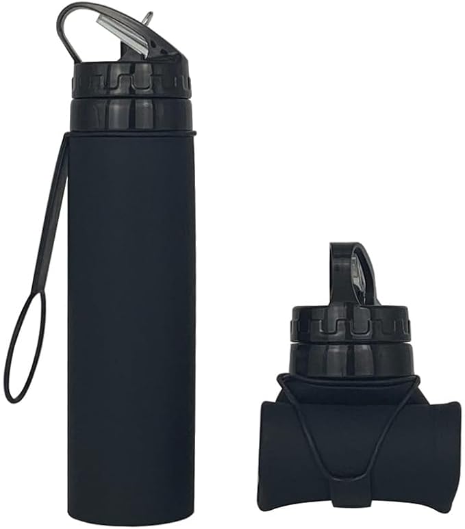 Collapsible Water Bottles 20oz, Odorless BPA-Free Silicone, Leak-Proof Foldable Reusable Bottle - Perfect for Cruise Travel Sports Gym Hiking Camping Cycling - Black by VadoWorld