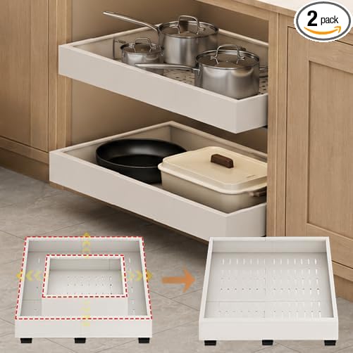 Fokyfok 2PC Pull Out Cabinet Organizer,Expandable,No Drill,Kitchen | 16"-21"Wx13"-17"D,3 Rails,Pull out Drawer,Cabinet Drawer Slide out,Roll Out Shelves,Pantry,Bathroom,Adhesive,Adjustable by Fokyfok