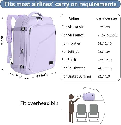 MATEIN Light Purple Carryon Backpack, 40L Airplane Approved Travel Backpack | Expandable Simple Fashion Daypack For Women, Personal Item bag, Frequent traveler Gifts, Heavy Duty - Image 3