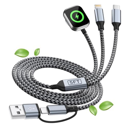 3 in 2 USB A/USB C Cable for iWatch Charger, Multi Charging Cable 2Pack 5FT | Travel Charger for Multiple Devices, Phone Charger Cord Compatible with iWatch Ultra/SE/11-2, iPhone17-6, Pad, Android-5FT by MPATIBY