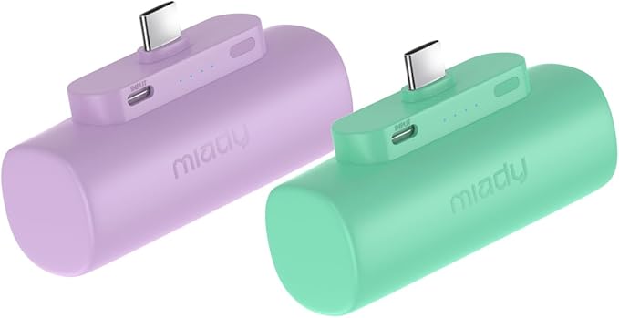 Miady 2-Pack Mini Portable Charger Built-in USB C Connector Small PowerBank | 5000mAh丨Lightweight丨for Backpack Travel丨Compatible with iPhone 17 Galaxy Android丨Ultra-Compact丨Flight-Safe丨18Wh丨Green+Purple by Miady