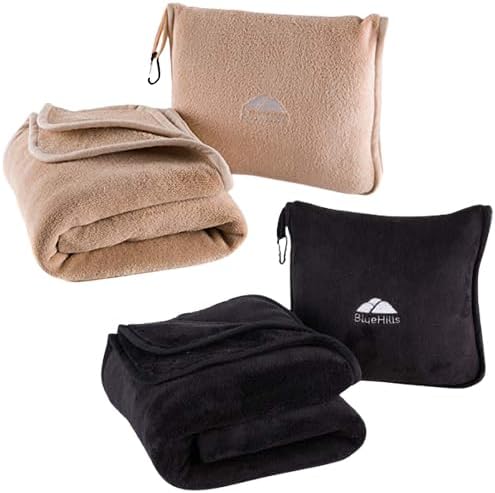 BlueHills Soft Long Travel Blankets 70X48 inches Large Value Pack of 2 Premium Airplane Travel Essential Flight Blanket Throw in a Bag Compact Plane Travel Gift Beige and Black by BlueHills
