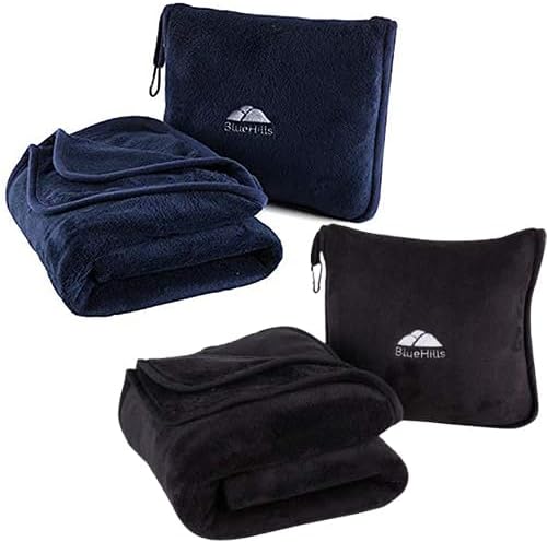 BlueHills Soft Long Travel Blankets 70X48 inches Large Plush Value Pack Set of 2 - Premium Airplane Travel Essential Flight Blanket Throw in a case Compact Plane Travel Gift – Navy Blue and Black by BlueHills