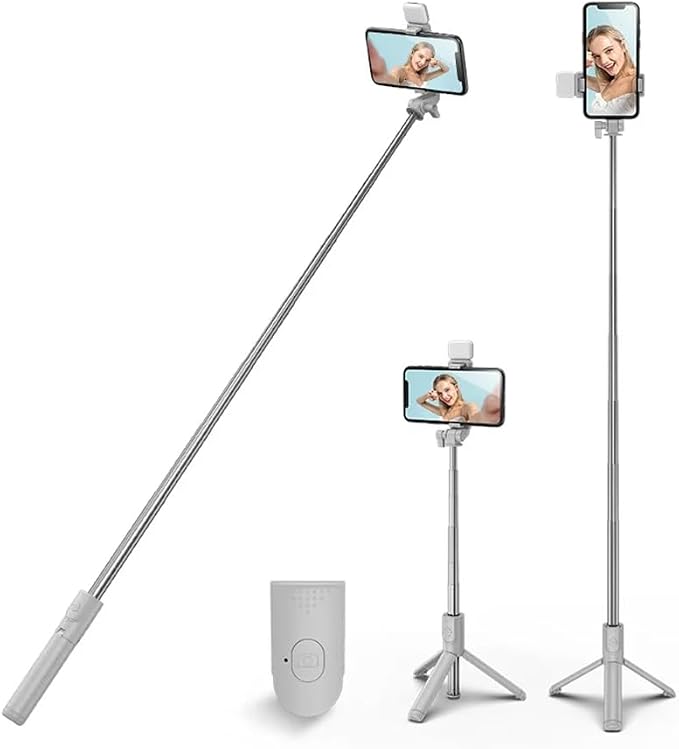 PINHEN Selfie Stick Tripod with Light, Extendable 360° Rotation Tripod Stand with Detachable Wireless Remote 3 in 1 Portable Mobile Phone Holder Compatible with iPhone Android Sansung(White+Light) by PINHEN