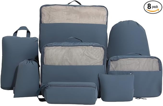 8 Pack Travel Clothes Storage Bags for Suitcase, Luggage, Home Organization, Gym, Camping – Lightweight & Durable (8, Blue, Sollid) by Unknown