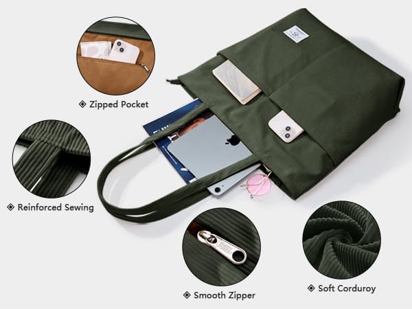 KALIDI Women Corduroy Tote Bag Zipper Casual Tote's Handbag Big Capacity Shoulder Bag with Pockets - Image 6