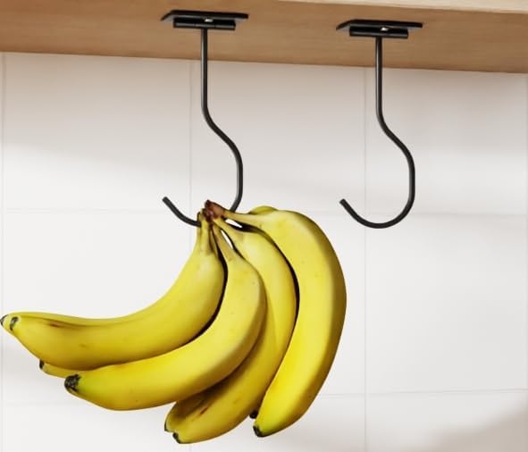 bussdis Adhesive Banana Hook Under Cabinet, Black, 2 Pack | Foldable Banana Hanger, Metal Banana Holder, Hold 20 Bananas, Space-Saving Design, Folding with Magnets When Not in Use - Image 7