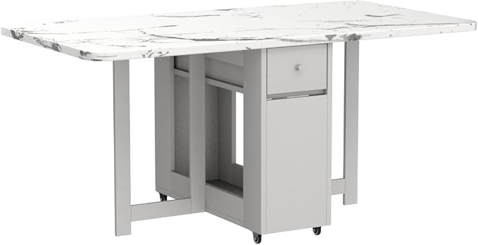 Folding Dining Table with Storage, Kitchen Table for Small Spaces | Foldable, Drop Leaf, Movable, 4 Wheels, Space Saving, Extendable, Marble Texture Top, for Apartment Kitchen Living Room White - Image 5