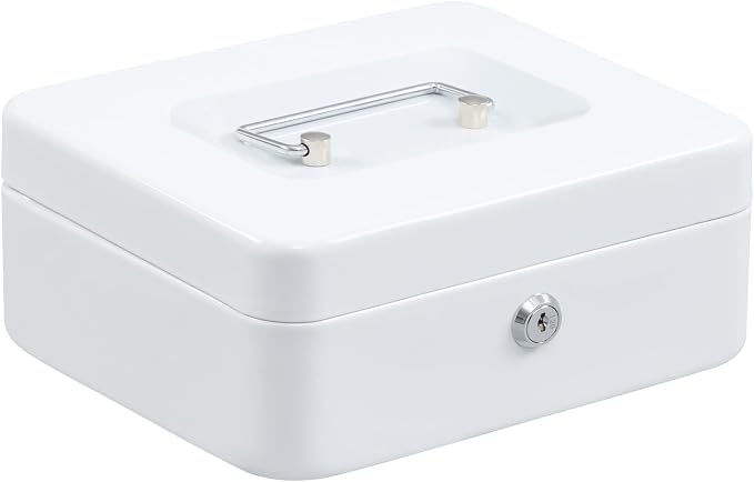 xydled Medium Cash Box with Lock, Removable Coin Tray, Steel Money Box, White by xydled