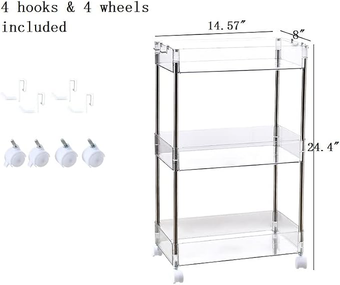 Chris.W Slim Storage Cart 3 Tier with Wheels, Clear Bathroom Cart Organizer, Mobile Shelving Unit Rolling Utility Cart, Slide Out Organizer for Kitchen, Bathroom, Laundry, Narrow Places, Office - 8" W - Image 3