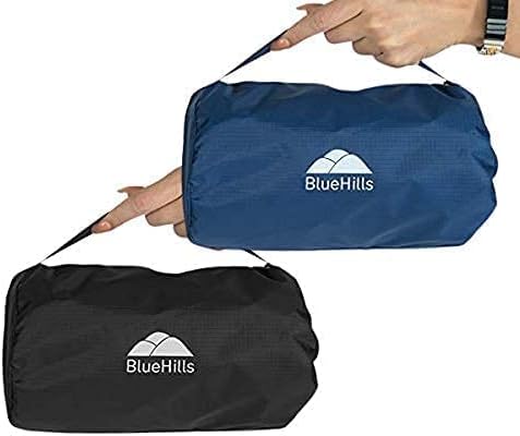BlueHills Premium Soft Compact Travel Blanket Value Pack Set of 2 - Airplane Flight Blanket Throw in Soft with Luggage Belt Compact Pack Large Blanket for Travel Black and Navy Blue Color by BlueHills