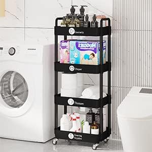Laiensia 4-Tier Rolling Cart with Wheels,Multifunction Utility Storage Carts, Kitchen Storage Organizer,Mobile Shelving Unit for Bathroom,Laundry,with Classified Stickers,Black - Image 5