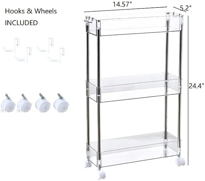 Chris.W Slim Storage Cart 3 Tier with Wheels, Clear Bathroom Cart Organizer, Mobile Shelving Unit Rolling Utility Cart, Slide Out Organizer for Kitchen, Bathroom, Laundry, Narrow Places, Office 5.2" W - Image 3