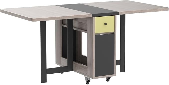 Drop Leaf Folding Dining Table with Storage, 2 Drawers, Grey | 3 Foldable Forms, Space Saving, Movable on Casters, for Kitchen Dining Living Room, Extendable, Versatile - Image 4