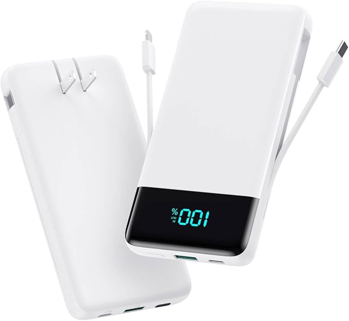 Portable Charger for iPhone,13800mAh Slim Power Bank with Built-in Cables & AC Wall Plug,All in One 4 Outputs USB C Fast Charging Battery Pack Travel Essential for iPhone 17/16/15/14,Android (White) by AONIMI
