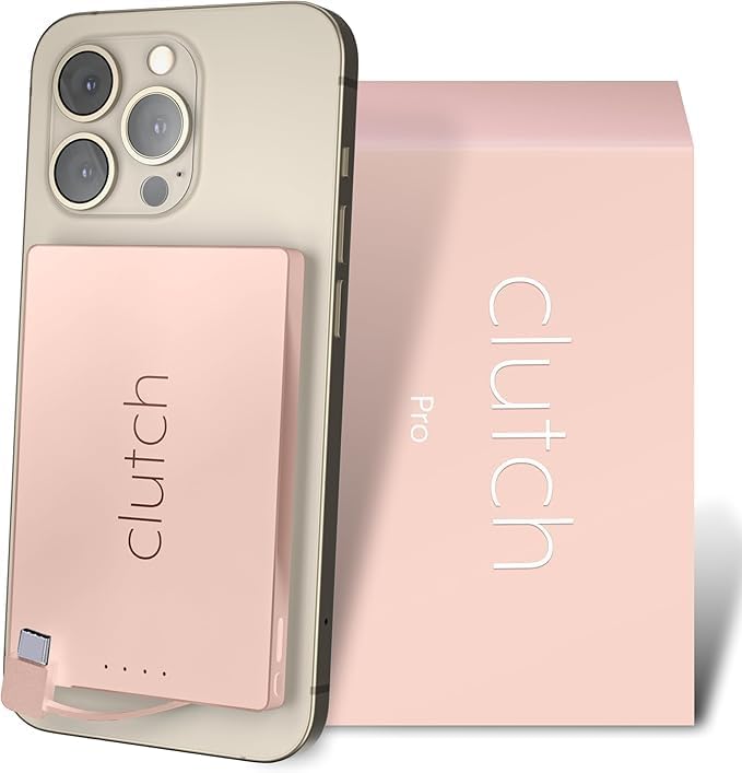 Clutch Pro – World's Thinnest Portable Charger – USB-C Power Bank 5000mAh – Magnetic Built-in Cable – TSA Approved Travel Charger – iPhone 15/16/17 & Android – Pink by ClutchCharger