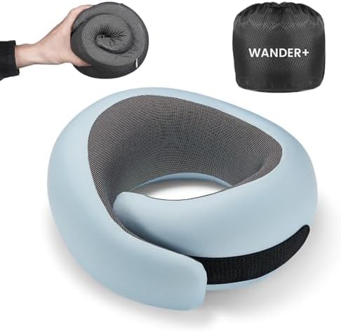 WANDER PLUS® Travel Pillow, 100% Pure Memory Foam Travel Neck Pillow Airplane Neck Support Ergonomic Design Best for Sleeping Plane Car Train Office Flight for Adults Sky Blue by WANDERPLUS