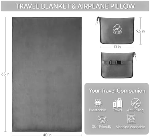 Travel Blanket, Soft 2-in-1 Airplane Blanket, Light Grey, Navy Blue, Peachy Pink, Travel Essentials Car Blanket with Luggage Sleeve & Backpack Clip - Image 2