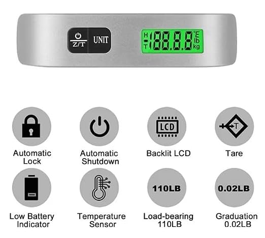 Digital Luggage Scale, 110lb Capacity, Backlit LCD Display, Temperature Sensor, Silver - Image 5