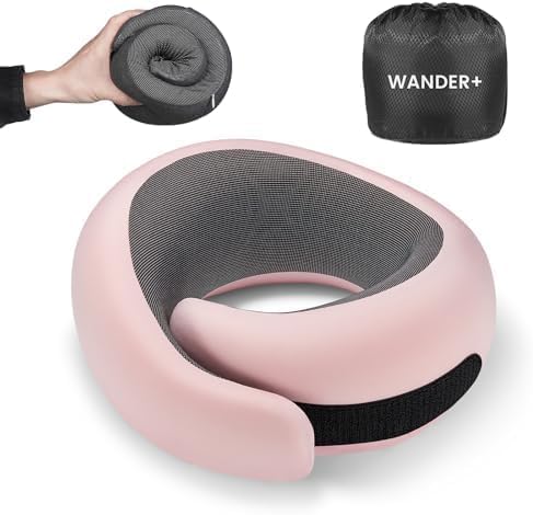 WANDER+ Plus® Travel Pillow, 100% Pure Memory Foam Travel Neck Pillow Airplane Neck Support Ergonomic Design Best for Sleeping Plane Car Train Office Flight for Adults Pink by WANDERPLUS