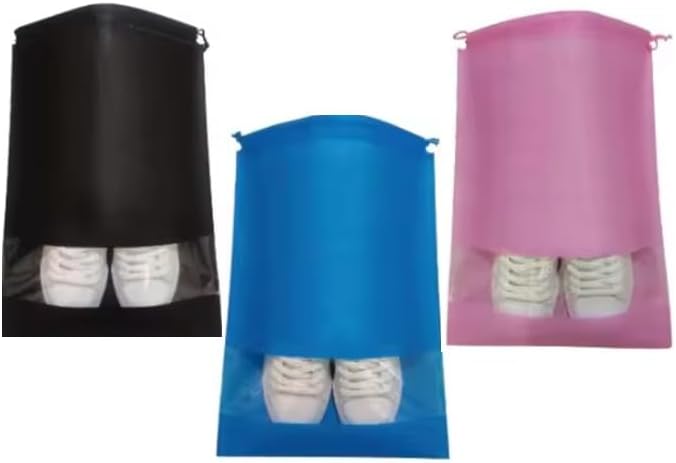 Shoe Bags for Travel, Packing, Storage, Organizing & Suitcase (12 Pack). Reusable Dustproof & Water Resistant Sneakers Pouch Protectors with Clear Window & Drawstrings. (Pink, Azure Blue, Black) by SPLANDIN