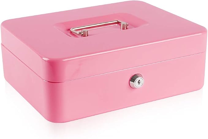 KYODOLED Large Metal Cash Box with Money Tray and Lock,Money Box with Cash Tray,Cash Drawer,9.84"x 7.87"x 3.54" Pink Large by KYODOLED