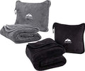 BlueHills Premium Soft Travel Blanket Pillow Value Pack Set of 2 - Airplane Flight Blanket Throw in Soft Bag with Luggage Belt Compact Pack Large Blanket for Travel Grey and Black Color by BlueHills
