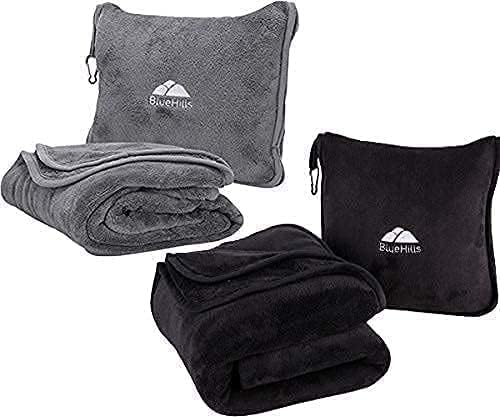 BlueHills Premium Soft Travel Blanket Pillow Value Pack Set of 2 - Airplane Flight Blanket Throw in Soft Bag with Luggage Belt Compact Pack Large Blanket for Travel Grey and Black Color by BlueHills