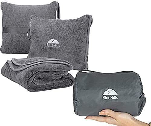 BlueHills Premium Soft Travel Blanket Pillow and Ultra Compact Travel Blanket Value Pack Set of 2 - Airplane Flight Blanket Throw in a case with Strap Compact Pack for Car Plane Travel Gray Grey by BlueHills