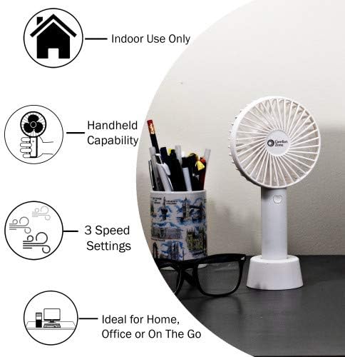 Comfort Zone Personal Handheld Rechargeable Fan, 4 inch, 3 Speed, Lithium Ion Battery, Micro USB Cable, Powerful, Mini Hand Fan, Ideal for Home, Bedroom & Office, CZPF402WT - Image 3