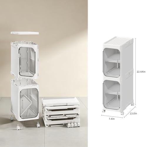 2-Tier Narrow Storage Cabinet Slim Bathroom Skinny Organizer with Wheels | Slim Storage Cabinet with Lockable Rolling Wheels Adjustable Detachable Shelves Snap Assembly for Small Spaces,Snow White - Image 2