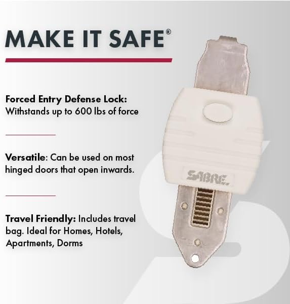 SABRE Portable Door Lock, Durable Metal Construction, Lightweight and Compact, Quick No-Tool Installation, Fits Most Inward-Swinging Hinged Doors, Requires 1/8 Inch Gap, For Houses, Apartments, Condos - Image 3