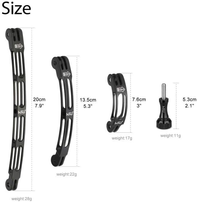 HSU Aluminum Alloy Curved Extension Arm Kit (7.9”/5.3”/3”) (Black) | Metal Pole Mount Helmet Stick Extension Arm Mount for GoPro Hero 13/12/11/10/9/8/7, DJI Osmo Action and More Action Cameras - Image 2