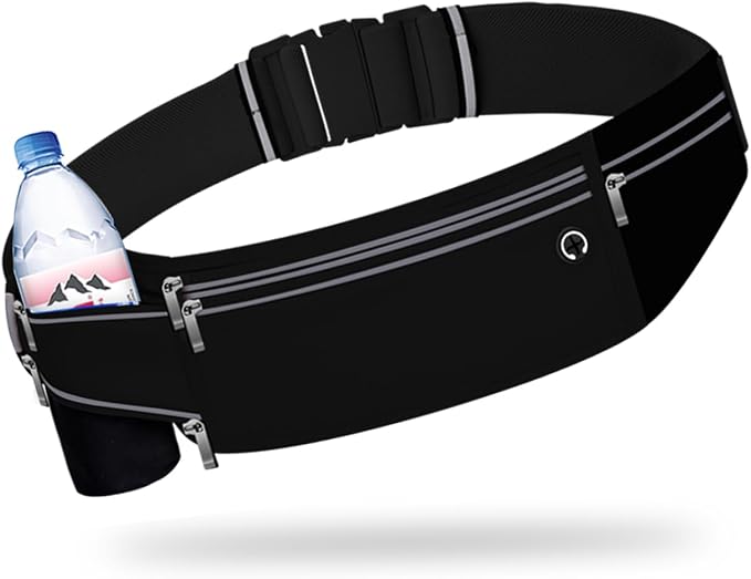 Slim Running Belt for Women Men,Runners Fanny Pack Phone Holder,Money Belt,Running Gear Accessories,with 3 Pockets (Jet Black) by Unknown