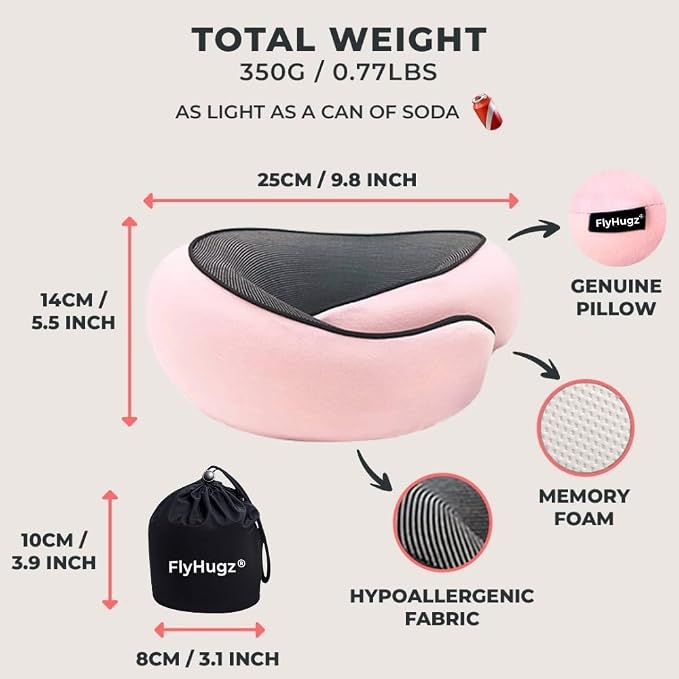 FlyHugz® Neck Travel Pillow Memory Foam Neck Pillow for Comfort on Airplane Compact and Ergonomic Design for Travel, Car Rides, and Home Use Ideal for Adults and Kids. (Pink) - Image 5
