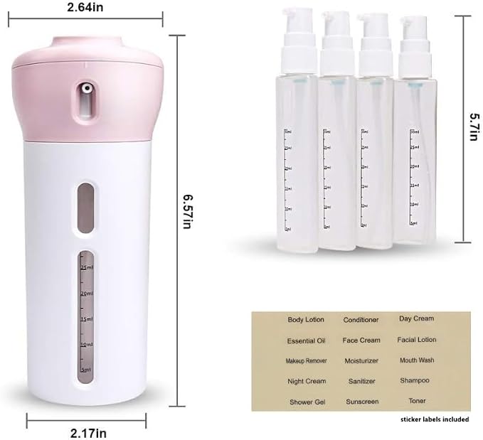 Travigo 4-in-1 Travel Dispenser Bottle, TSA Approved, Leak Proof, Four Reusable 1.4 oz. (40 mL) Toiletry Containers for Shampoo, Conditioner, Soap, Lotion, Skincare (Pink) - Image 6