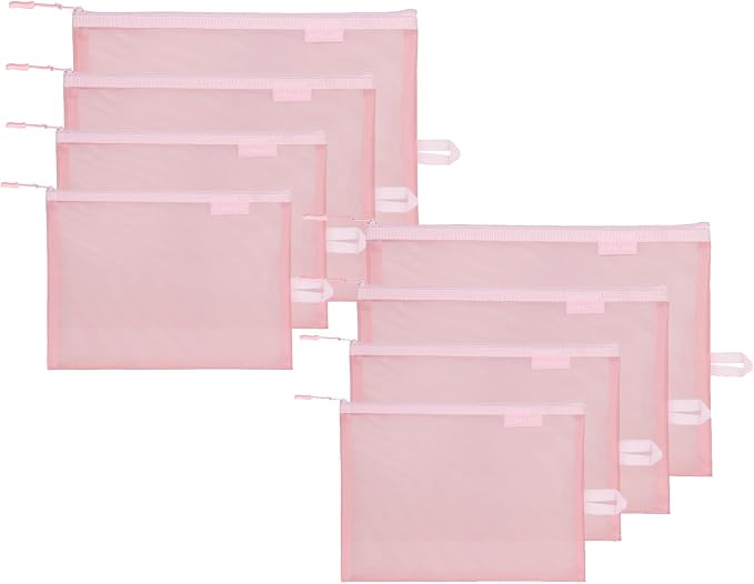 Set of 8 Travel Mesh Makeup Bag, Cosmetic Organizer Pouches with Zipper, Diaper Organizing Pouches, Nylon Toiletries Bag for Women and Men(8pcs, Pink) by SUPACOOL