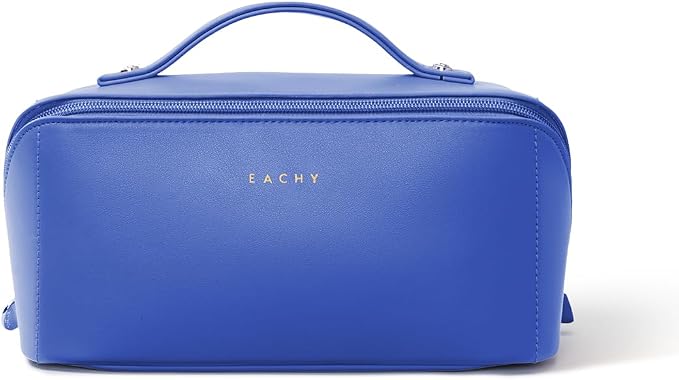 EACHY Travel Makeup Bag for Women, Flat Open Cosmetic Bag, Blue, Medium | Flat-open cosmetic organizer with pockets and clear TPU brush compartment for makeup, toiletries and travel essentials - Image 5