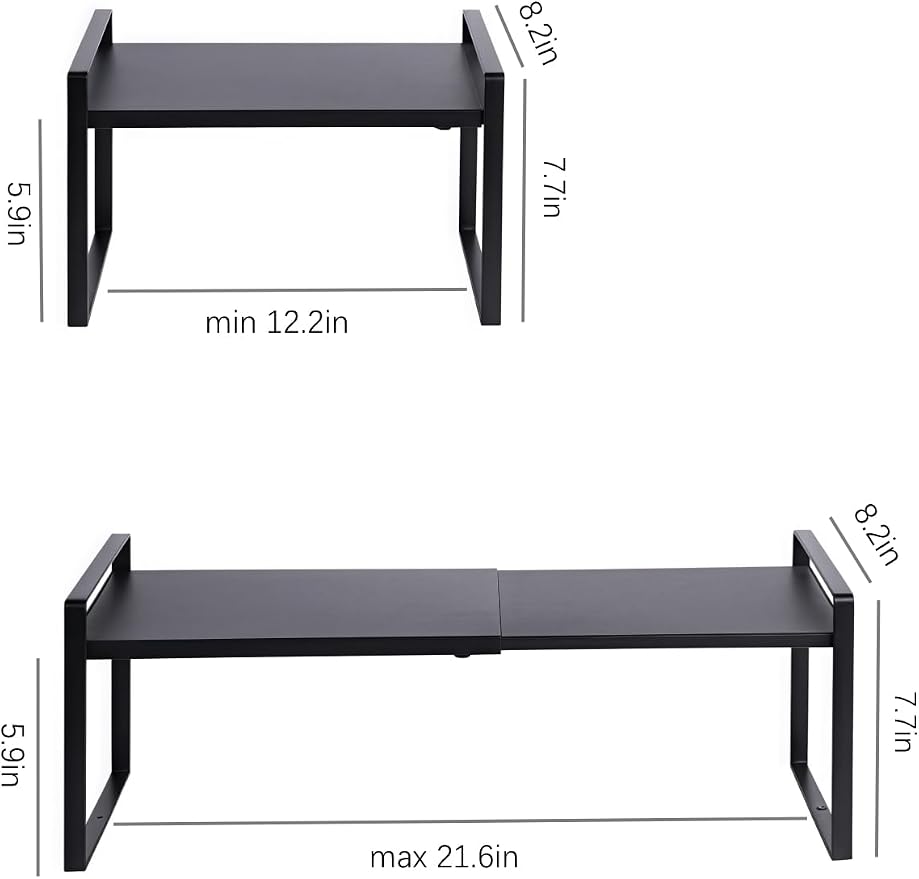 Expandable Cabinet Shelf Organizer Riser for Kitchen Pantry Cupboard Under Sink Countertop (black, 8.2’’D * 12.2-21.6’’W * 7.7’’H) - Image 2