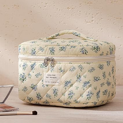 HBselect Quilted Makeup Bag, 3Pcs Cotton Large Travel Makeup Bags Organizer | Cute Floral Make up Bag Cosmetic Bag Toiletry Bag for Women Girls, Makeup Pouch for Skincare, Brushes & Travel Essentials - Image 6