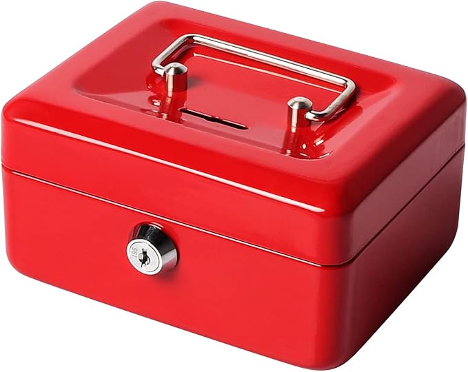 Jssmst Small Lock Cash Box, Locking Money Box for Kids with Slot on Top, Red Lock Box, 5.91 x 4.72 x 2.95 inches, CB003-R by Jssmst