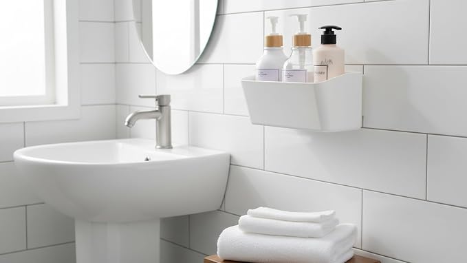 Bath Shelve, Adhesive Shelf Shower Caddy Bathroom Organizer, No Drill Wall Mounted Shower Caddy Basket Plastic，White Storage Rack for Bathroom/Kitchen - Image 5