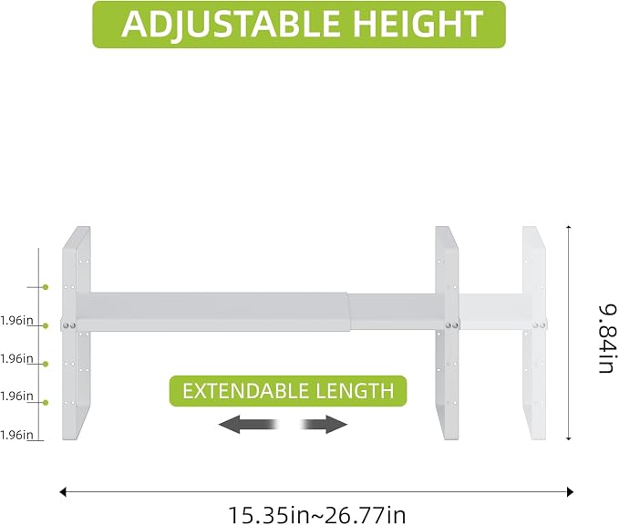 Expandable Cabinet Shelf Organizer Rack, Stackable Kitchen Counter Storage Shelves Stand, Adjustable Height Pantry Shelf Spice Rack(White-1 Pack, 8.7" D x 15.4-26.8" W x 9.8" H) - Image 2